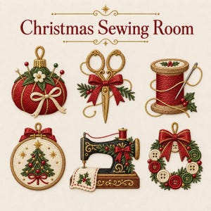 Puede incluir: Un conjunto de bordados titulado Christmas Sewing Room que presenta seis diseños festivos: un alfiletero rojo, tijeras doradas con un lazo rojo, un carrete de hilo rojo con una aguja, un bastidor con un árbol de Navidad, una máquina de coser negra y una corona de botones.