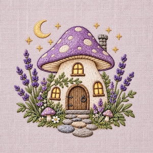 May include: An embroidery design on light fabric featuring a mushroom-shaped house with a purple cap, a wooden door, and glowing windows. The scene includes lavender sprigs, a stone path, two small mushrooms, a yellow crescent moon, and stars.