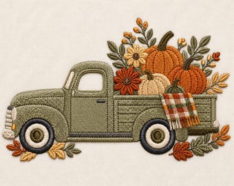 May include: An embroidered patch featuring a sage green vintage pickup truck carrying a load of orange and cream pumpkins, autumn flowers, and foliage. A plaid blanket with orange, green, and white squares hangs over the truck bed side.