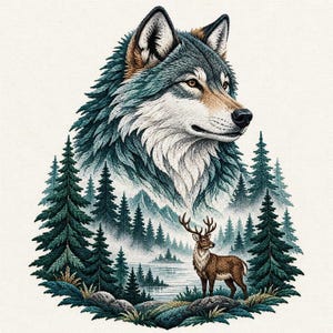 May include: A detailed illustration featuring a large wolf head in shades of gray, white, and brown, positioned above a forest landscape with evergreen trees, a calm lake, and a brown deer standing in the foreground on rocky terrain.