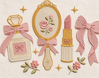Vintage Coquette Vanity Embroidery Design Bundle, Perfume Mirror Lipstick Bow Floral Machine Embroidery Digital File