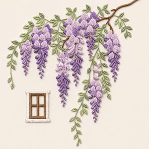 May include: An embroidery design featuring a brown branch with hanging clusters of purple wisteria flowers and light green leaves. A small, rectangular brown window frame with a white border is positioned below the floral arrangement.