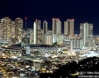 Scenic Downtown Honolulu City Lights at Night photo picture fine art metal print