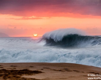 Big Wave Breaking Under an Orange Sunset on the North Shore of