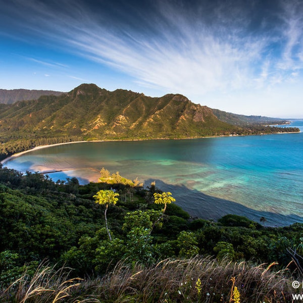 Aerial scenic view of Kahana Bay as seen from the Crouching Lion hiking trail in Kaaawa, Oahu, Hawaii photo picture fine art metal print