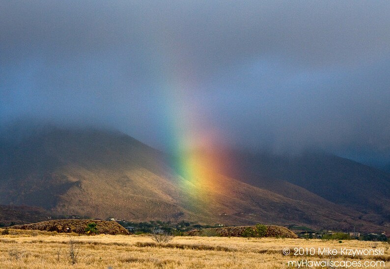 Hawaiian Rainbow Descending in a Dry Valley Beneath Rain Clouds Above the Mountains on Maui photo picture fine art metal print image 1