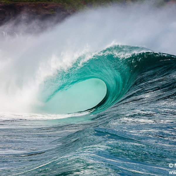 Big Hollow Blue Wave Breaking at Waimea Bay Shorebreak on the North Shore of Oahu in Hawaii photo picture fine art metal print