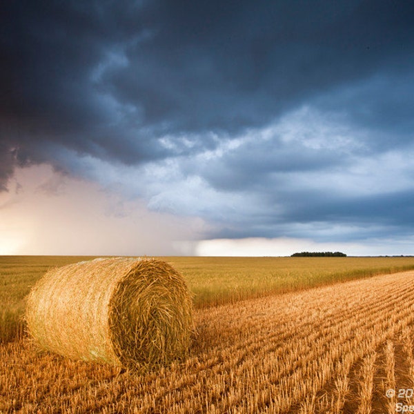 Hay Bale Under Storm Clouds in Kansas photo picture fine art metal print