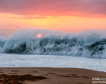 Big Wave Breaking Under an Orange Sunset on the North Shore of Oahu in Hawaii photo picture fine art metal print