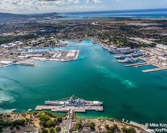 Aerial View of the USS Missouri Battleship at Pearl Harbor, Oahu, Hawaii photo picture fine art metal print