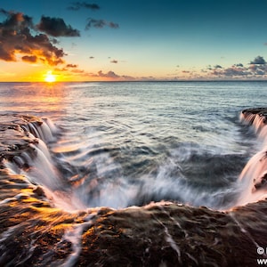 Water Flowing off a Rocky Shelf During Sunset at Shark's Cove, North Shore, Oahu, Hawaii photo picture fine art metal print