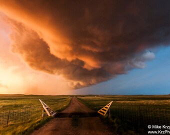 Severe Supercell Thunderstorm at Sunset Over a Dirt Road in Montana photo picture fine art metal print