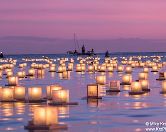 Photo of Floating Lanterns in the Ocean Under a Pink Sunset in Honolulu, Hawaii picture fine art metal print