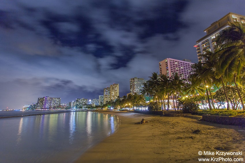 Waikiki Beach at Night in Honolulu, Oahu, Hawaii photo picture fine art  metal print