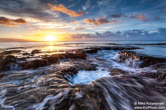 Water Flowing off a Rocky Shelf During Sunset at Shark's Cove