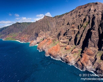 Aerial View of Colorful Napali Coast on Kauai in Hawaii photo picture fine art metal print