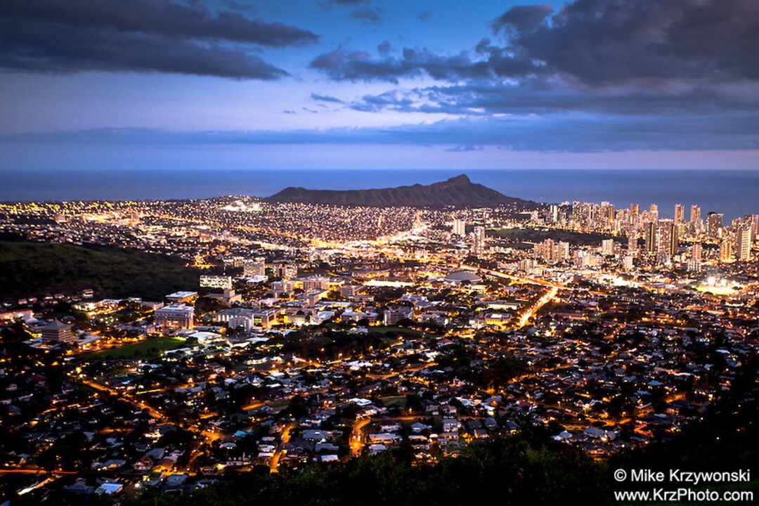 Downtown Honolulu City Lights at Night W/ Diamond Head Crater Photo