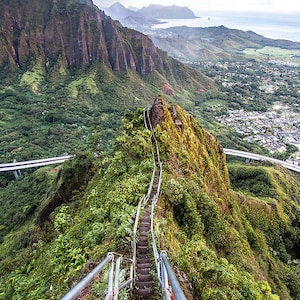 Stairway to Heaven Hiking Trail Ascending up into Mountains, Kaneohe, Oahu Hawaii photo picture fine art metal print