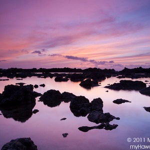 Pink & Purple Sunset w/ Reflection on Water w/ Rocks at Shark's Cove on Oahu's North Shore in Hawaii photo picture fine art metal print