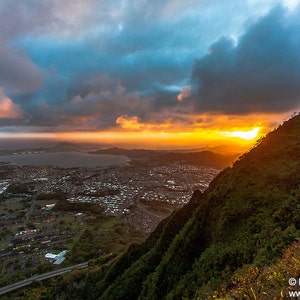 View of Sunrise in Kaneohe, Oahu, Hawaii from Stairway to Heaven Hiking Trail photo picture fine art metal print