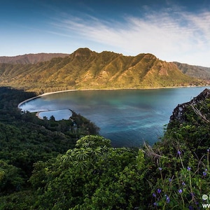 Aerial scenic view of Kahana Bay as seen from the Crouching Lion hiking trail in Kaaawa, Oahu, Hawaii photo picture fine art metal print