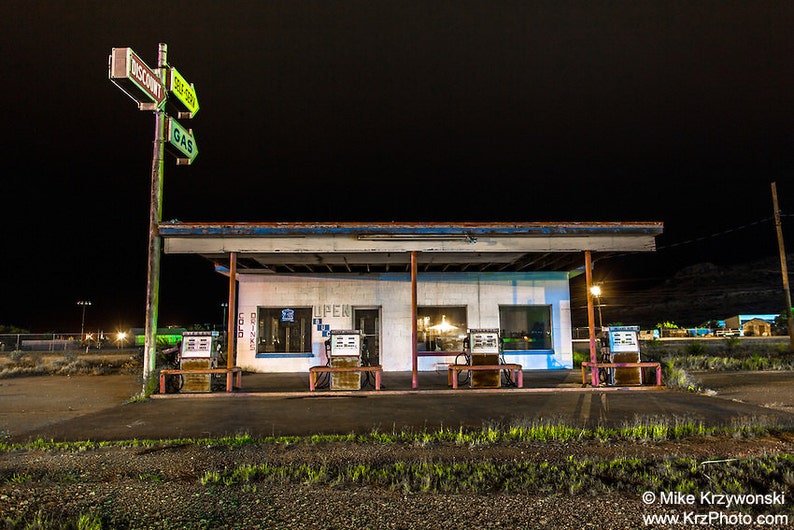Old Abandoned Gas Station at Night in Sanderson, Texas Photo Picture