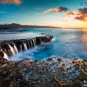 Water Flowing off a Rocky Shelf During Sunset at Shark's Cove, North Shore, Oahu, Hawaii photo picture fine art metal print