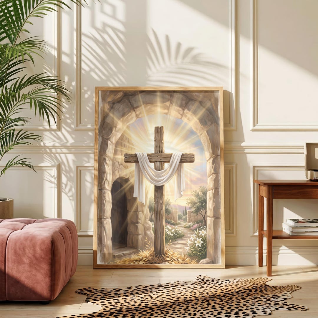 Resurrection Cross Painting Jesus Wall Art Empty Tomb Poster White ...