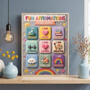 Può includere: Un'opera d'arte da parete rettangolare intitolata FUN AFFIRMATIONS FOR KIDS con nove quadrati testurizzati e frasi positive. Ogni quadrato mostra un'icona unica, tra cui una montagna, un cuore, libri, un manubrio, un pennello, una nuvola, un fiore e un arcobaleno.