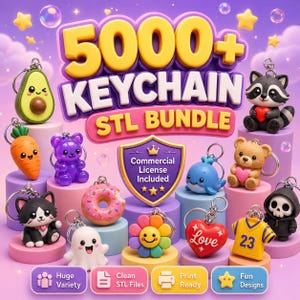 May include: A digital graphic displaying 5000+ KEYCHAIN STL BUNDLE with various 3D character keychains including an avocado, carrot, bear, cat, donut, ghost, flower, heart, whale, and jersey. Includes a shield icon stating Commercial License Included.
