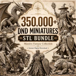 Op de afbeelding: Een digitale collectie van 350.000+ DND-miniaturen in een STL-bundel. De afbeelding toont gedetailleerde fantasiefiguren, waaronder een draak, een tovenaar, een boogschutter, een ork, een skeletkoning, een ridder met een schild en een wolf, in monochroom.