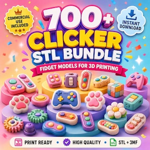 Puede incluir: Una colección digital de más de 700 modelos de fidgets de clic para impresión 3D, con diversas formas coloridas de estilo plástico como mandos de juego, huellas, engranajes y cubos, con texto sobre uso comercial y descarga instantánea.