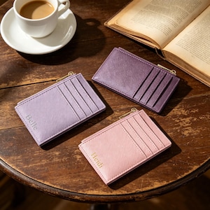 Compact Genuine Leather Zipper Card Case, Personalized Custom Name Coin Purse Wallet, Minimalist Pocket Sized Organizer,Christmas gifts