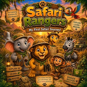 May include: A vibrant illustration for a children's game called "Safari Rangers." The image showcases cartoon animals, such as an elephant, lion, giraffe, zebra, and monkey, dressed as safari explorers. The background depicts a savanna scene with the words "Explore, Learn, Imagine."