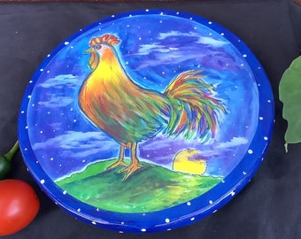 Rooster Kitchen Art. A Lazy Susan Turntable. 12” . Country kitchen original Chicken  artwork by Janet Dineen and Happy Home Design Art