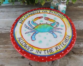 Humorous Beach House Gift, 12 Inch Lazy Susan, Blue Crab Art, Funny Saying, Kitchen Decor, Beach Themed Turntable by Janet Dineen