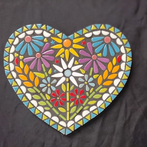 Valentines gift. Mosaic Heart, Spring Flowers, 10 1/2 x 11 3/4 heart wall hanging.  Mosaic Art, I love you gift by artist Janet Dineen.
