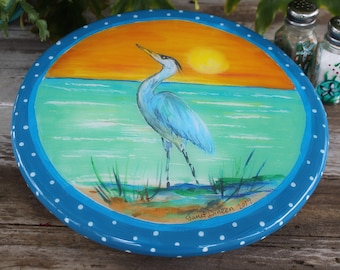 Blue Heron Lazy Susan, Coastal Housewarming Gift, 12 Inches Across, Hand Made, Wood, Bird Lover Gift, Coastal Kitchen Art by Janet Dineen