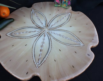 Sand Dollar Lazy Susan, 14 inches across.  Hand painted, real wood turntable with epoxy resin finish. Original artwork by Janet Dineen