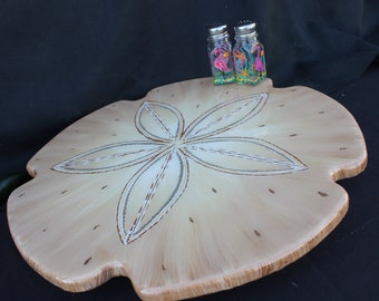 Lazy Susan, Sand Dollar Turntable 18 inches. Hand painted real wood beach house art.  Epoxy resin finish. Original artwork by Janet Dineen