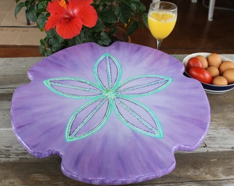 14 inch Lilac Lazy Susan, Sand Dollar Art, Soft purple Centerpiece,  Housewarming gift, Wedding gift or kitchen art, by Janet Dineen