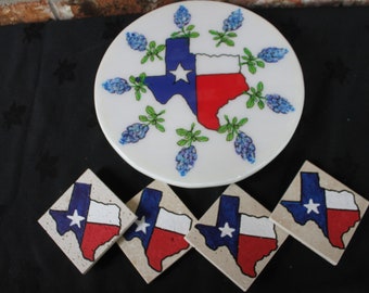 Texas Housewarming Gift Set. 12 inch Lazy Susan and 4 hand painted Coasters by Janet Dineen