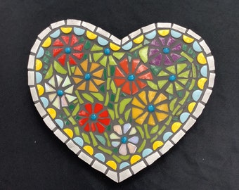 Valentines gift. Mosaic Heart, Spring Flowers, 10 1/2 x 11 3/4 heart wall hanging.  Mosaic Art, I love you gift by artist Janet Dineen.