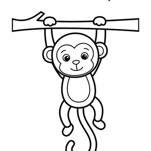 Può includere: Una pagina da colorare in bianco e nero con una scimmia dei cartoni animati appesa a un ramo d'albero con le braccia. Il testo God made the Monkey è stampato in nero in alto. La scimmia ha un viso rotondo, grandi occhi e una lunga coda.