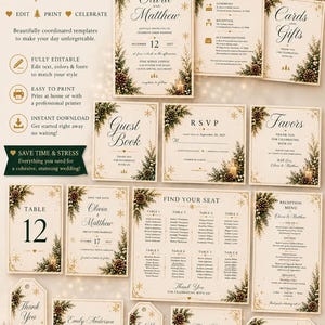 May include: A collection of wedding stationery templates featuring a winter pine and gold snowflake design. The set includes an invitation, RSVP card, menu, seating chart, guest book sign, and thank you tags with text in a serif and script font.