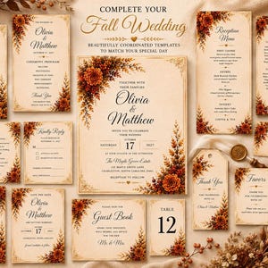 May include: A collection of wedding stationery templates featuring a cream-colored background with dark orange and brown floral accents. The set includes invitations, menus, place cards, and signs with black text reading Complete Your Fall Wedding.