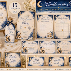 Op de afbeelding: Een collectie van 15 bewerkbare babyshower-sjablonen met een donkerblauwe nachthemel, wolken, gouden sterren, een maansikkel en een teddybeer met een slaapmuts. De set bevat borden, uitnodigingen, spelletjes en kaarten.