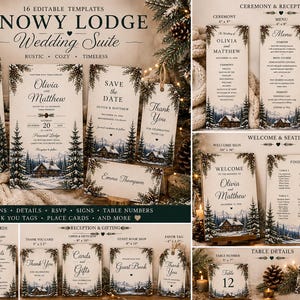 Könnte beinhalten: Ein Snowy Lodge Hochzeitspapeterie-Set mit 16 bearbeitbaren Vorlagen, die eine winterliche Berglandschaft mit Tannen und einer Hütte zeigen. Das Set umfasst Einladungen, Menükarten, Willkommensschilder und Sitzpläne auf cremefarbenem Papier.