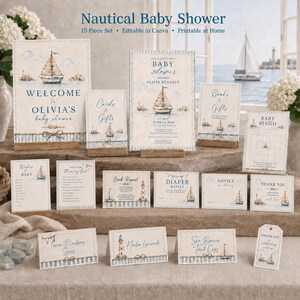 Pode incluir: Um conjunto de papelaria de 15 peças para chá de bebê náutico com veleiros e faróis em aquarela azul e bege. Inclui uma placa de boas-vindas, convites, cartões de jogos e etiquetas com textos como "Welcome to Olivia's Baby Shower".