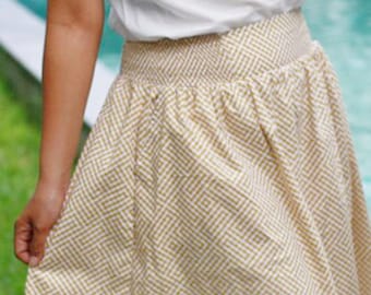 Yellow Midi Skirt: Chain Print, A-Line High Waist Cotton Skirt